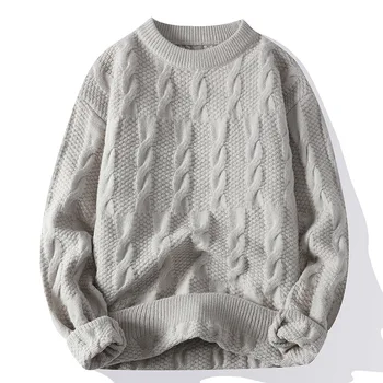 #4331 Зимний свитер Мужской однотонный вязаный свитер, пуловер, теплый трикотаж, облегающий пуловер, мужские толстые свитера с круглым вырезом