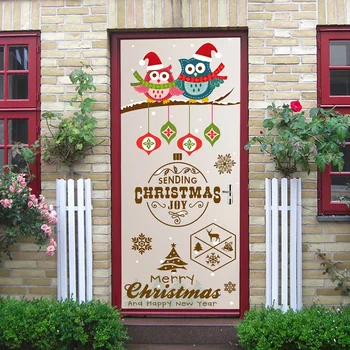 77x200cm Рождественская Сова Ветка Дверная Наклейка Для Гостиной Новогодняя Елка 3D Обои Домашний Декор ПВХ Самоклеящаяся Настенная Наклейка