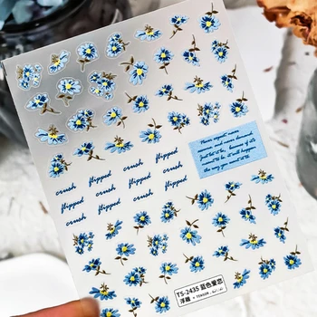 Blue Flower Bloom 5D с мягким рельефным тиснением, самоклеящаяся наклейка для дизайна ногтей, письмо, 3D наклейка для маникюра, очаровательная женщина-хипстер