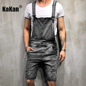 Kakan - Новые Европейские и американские мужские брюки из пяти частей с джинсами на подтяжках, черно-серые джинсы One Piece с рваным ремешком K34-345