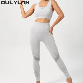 Oulylan, топы, 2 шт., нейлоновые спортивные костюмы, женский сексуальный комплект для йоги, спортивный костюм, бюстгальтер для фитнеса, Леггинсы, женская одежда для отдыха, укороченный