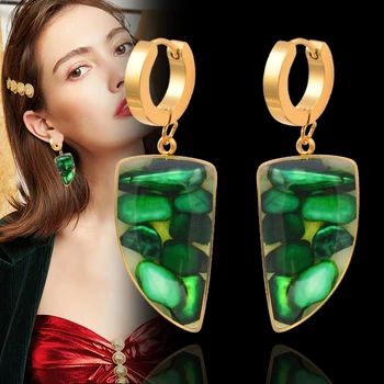 SINLEERY Серьги-кольца из нержавеющей стали с зелеными натуральными камнями внутри Для женщин, модные ювелирные аксессуары DL105
