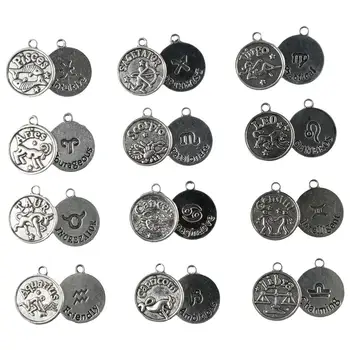 Антикварные тибетские серебряные круглые подвески со знаком зодиака 60 штук, 5 комплектов, подвески со знаками зодиака из сплава, подвески с созвездиями для изготовления