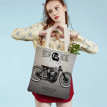 Винтажный красочный мотоцикл с черепом, женская холщовая сумка для покупок, Многоразовая складная ткань, повседневная женская мультяшная сумка-тоут для мужчин