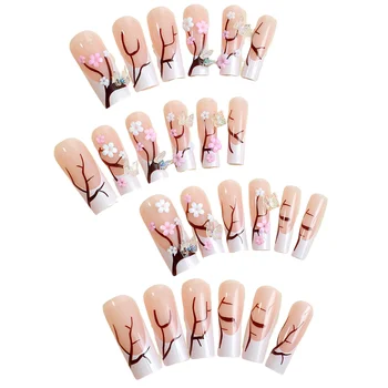 Глянцевые Розовые накладные ногти с Цветочным принтом, Защищающие от сколов и пятен, для ежедневного ношения и вечеринок