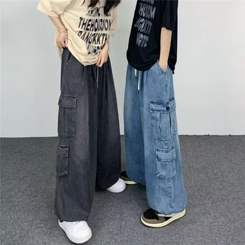 Джинсы American Pocket Wash Для мужчин и женщин, уличные брюки-карго в стиле хип-хоп, пара модных свободных прямых брюк, уличная одежда