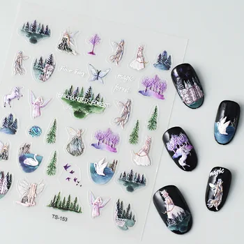 Дизайн Зачарованного леса 5D Мягкие рельефные рельефы Самоклеящиеся наклейки для дизайна ногтей Милые наклейки для маникюра Оптом