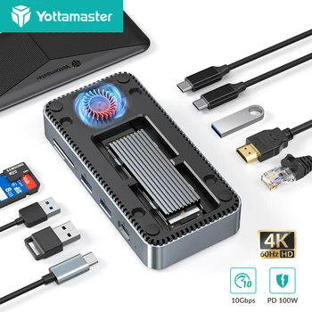 Док-станция Yottamaster 10 в 1 USB с адаптером M.2 NVMe SSD Enclosoure Type C HUB со скоростью 10 Гбит/с и 4K HDMI 1000M Ethernet