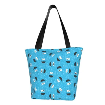 Изготовленная на заказ холщовая сумка для покупок с меховым лицом Cookies Monsters, женские моющиеся сумки для покупок с мультяшными покупателями