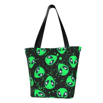 Кавайные милые инопланетяне, сумки-тоут для покупок, Мультяшная холщовая сумка для покупок на плечо