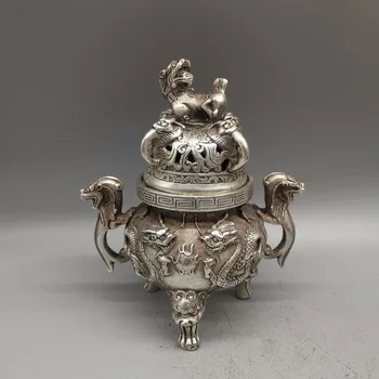 Китайская антикварная коллекция белая медь white copper double dragon play бусины курильница для благовоний украшения дома подарки ручной работы o