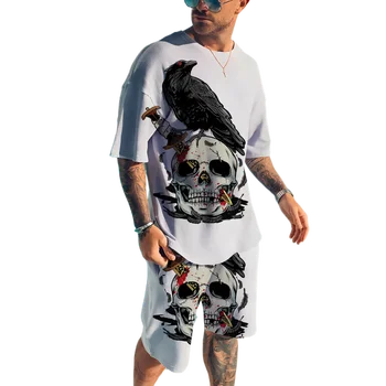Летняя мужская футболка с 3D-принтом европейских и американских букв, шорты с черепом, трендовая футболка с круглым вырезом, пляжные брюки, комплект из двух предметов
