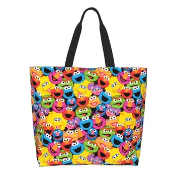 Лица персонажей Kawaii Улицы Сезам, сумка-тоут для покупок, переработка продуктов Cookie Monster, холщовая сумка для покупок через плечо