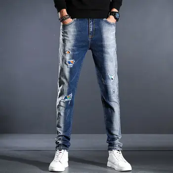 Мужские синие брюки Four Seasons 2021, рваные джинсы с заплатками, модные повседневные эластичные узкие брюки, трендовые универсальные повседневные брюки