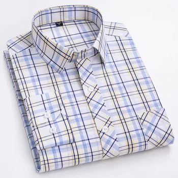 Новые мужские рубашки в клетку из чистого хлопка, весенние топы в офисную клетку регулярного кроя с длинным рукавом и карманом