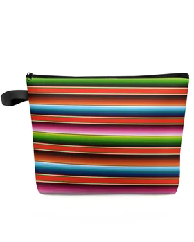 Разноцветная дорожная косметичка в мексиканскую полоску большой емкости, Портативная сумка для хранения макияжа, женский водонепроницаемый пенал