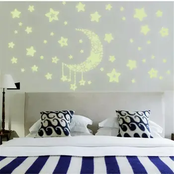 Светящиеся наклейки на стену с Луной и Звездами Съемная наклейка на стену Наклейка для домашнего декора Виниловая флуоресцентная наклейка Украшение дома