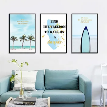 Современный морской пейзаж в скандинавском стиле, тропическое растение, кокосовая пальма, картина на холсте, плакаты и принты, настенные панно для декора гостиной
