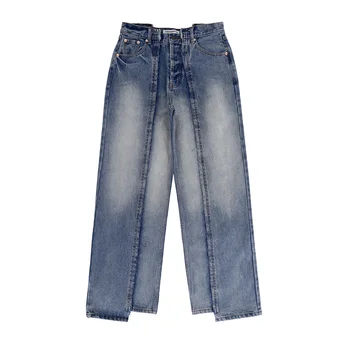 Уличная одежда неправильной формы, выстиранные синие мешковатые джинсы в стиле пэчворк для мужчин и женщин, прямые винтажные повседневные джинсовые брюки оверсайз