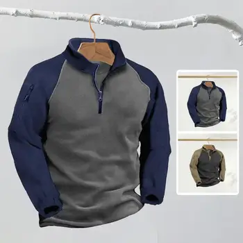 Флисовый топ Стильный мужской ветрозащитный флисовый пуловер с воротником-стойкой, застежкой на молнию, эластичными манжетами, идеально подходящий для осени-весны