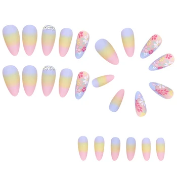 Французские ногти Rainbow Flowers, пригодные для носки ногти, полностью покрывающие кончики ногтей, готовые накладные ногти