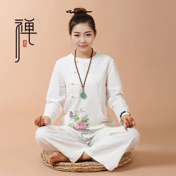 Хлопчатобумажный льняной комплект для йоги с цветочным принтом, китайская традиционная рубашка + брюки, повседневный комплект одежды для тренировок и медитации